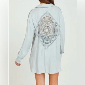 Vintage Havana Crochet Detail Tunic Button Up Top Blouse Shirt Blue Boho Medium